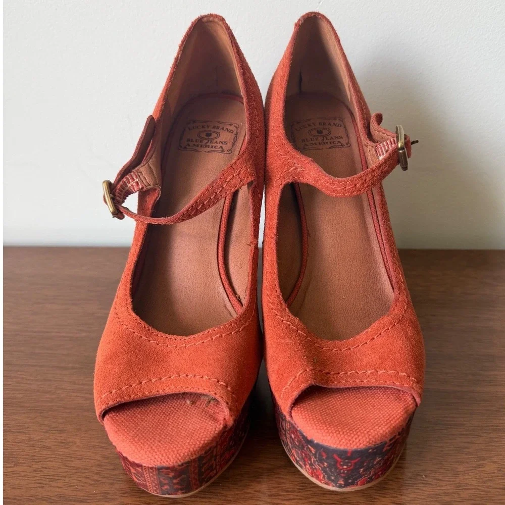 Lucky Brand 7.5 Suede Orange Paisley Open Toe Mary Jane Platform Pump Y2K Boho